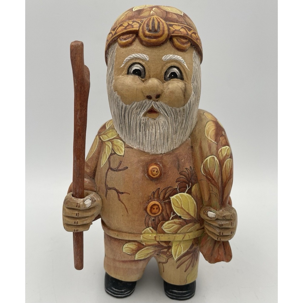 Hand Carved Painted Wood Santa Figurine Folk Art Spring Nature Gnome Butterfly